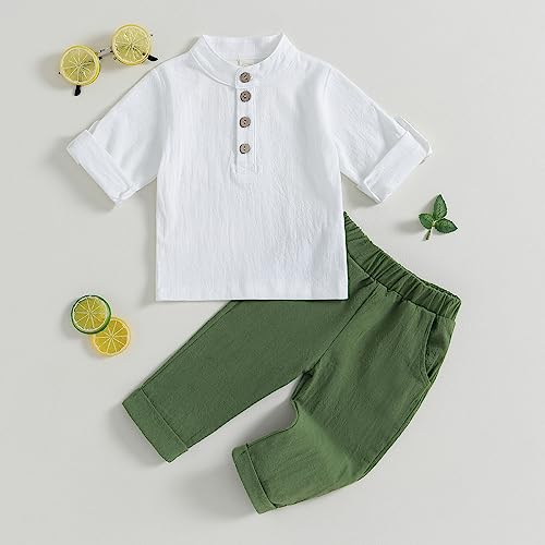 Karuedoo Toddler Baby Boy Clothes Cotton Linen Henley Shirts Button Down Long Sleeve Shirts Casual Pants Set (A-White Green, 2-3 Years) - Image 2