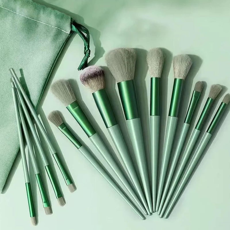 Generic 13 Pcs Makeup Brushes Set Foundation Powder Concealer Eyeshadow Blush Highlighter Eyebrow Brush Make up Brush Set Travel Cosmetic Brushes with Cloth Bag for Beginner and Makeup Artist Green - Image 1