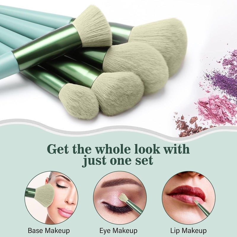 Generic 13 Pcs Makeup Brushes Set Foundation Powder Concealer Eyeshadow Blush Highlighter Eyebrow Brush Make up Brush Set Travel Cosmetic Brushes with Cloth Bag for Beginner and Makeup Artist Green - Image 4