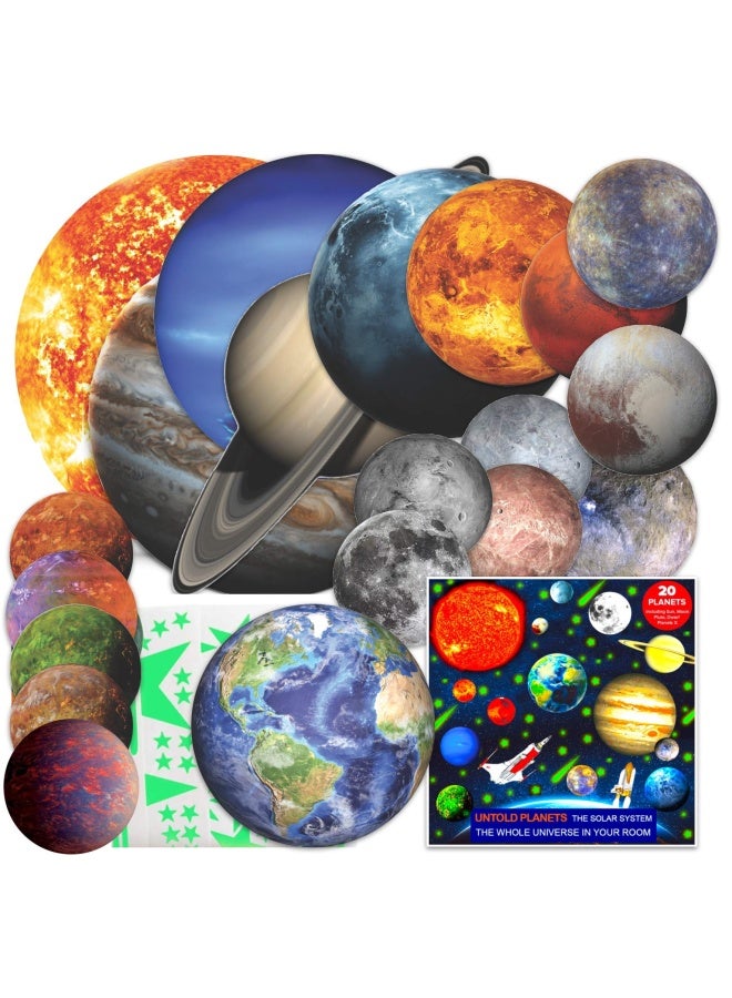 200 Pieces Glow In The Dark Stars And Planets For Ceiling 3D Realistic Nasa Space Decor Dwarf Planets Pluto Moon Sun Glow In The Dark Stars Solar System For Kids Wall Decals Boys Room Decor  - Image 1