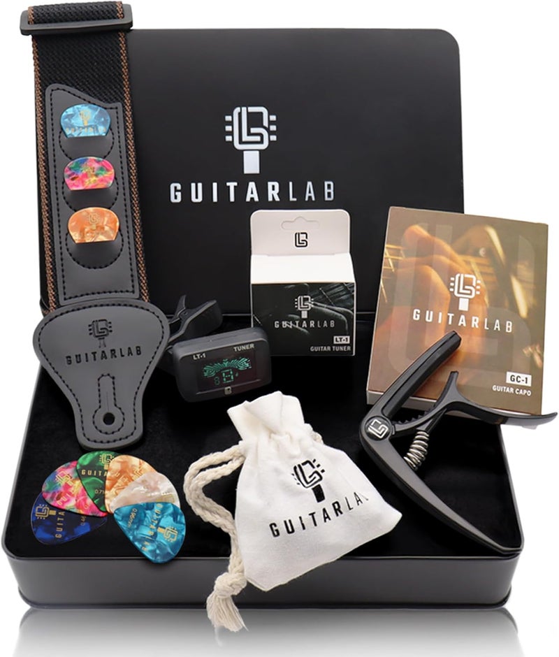 مجموعة إكسسوارات الجيتار من Guitar Lab | ريش معدنية، حزام جيتار، كابو، موالف إلكتروني - Image 1