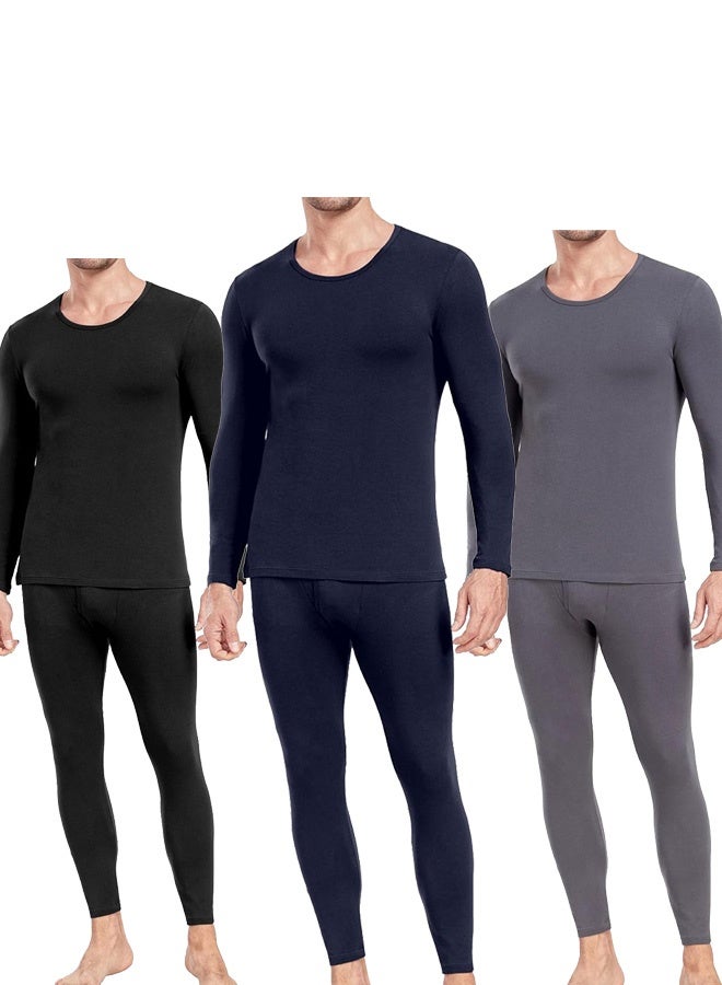 3 Men's lined crew neck thermal underwear set for winter warmth, top and bottom base layer - Image 1