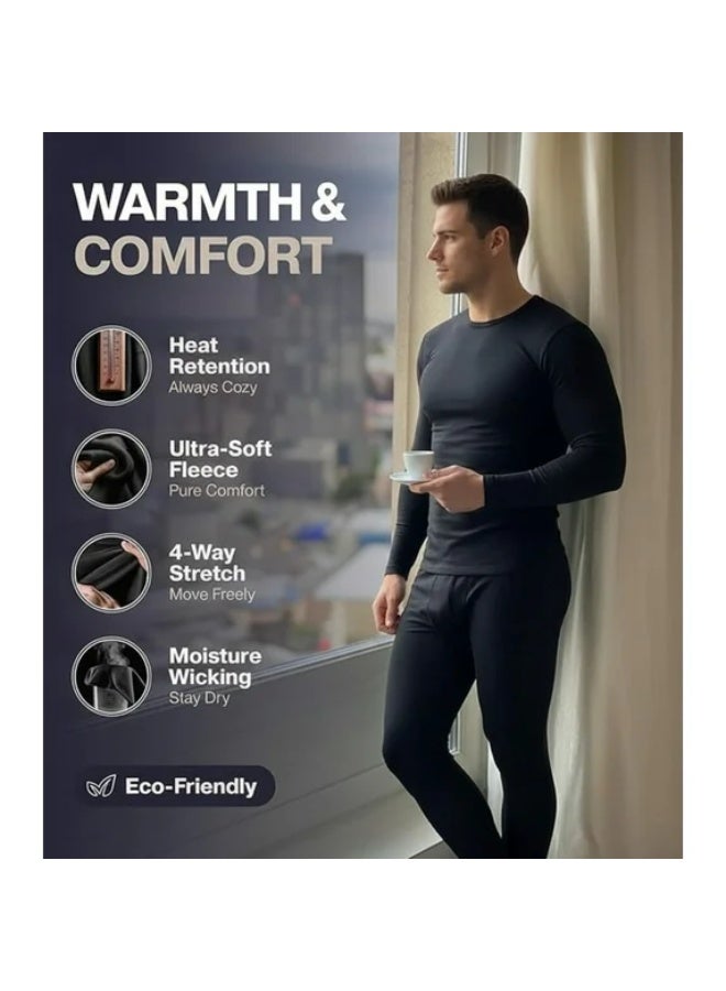 3 Men's lined crew neck thermal underwear set for winter warmth, top and bottom base layer - Image 4