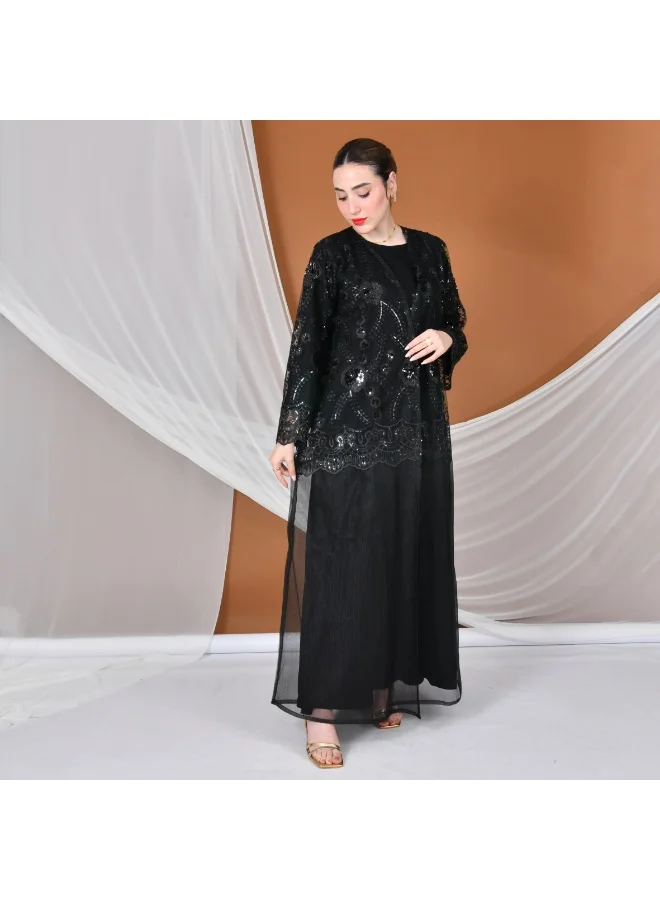HAWRAA ABAYA Elegant tulle abaya decorated with embroidery with a black dress