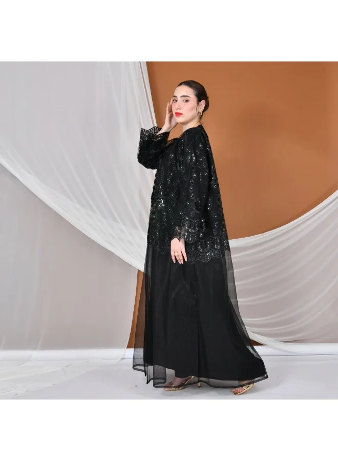 HAWRAA ABAYA Elegant tulle abaya decorated with embroidery with a black dress