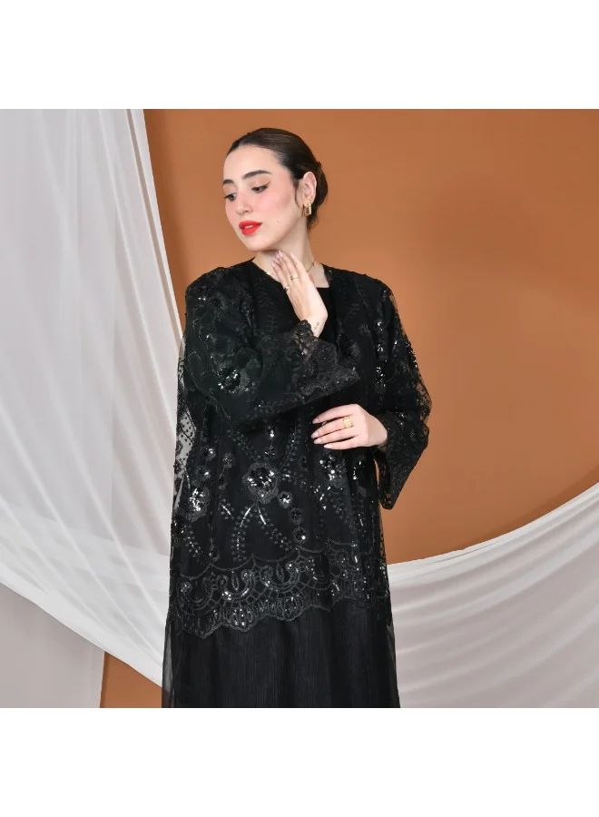 HAWRAA ABAYA Elegant tulle abaya decorated with embroidery with a black dress