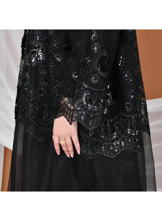 HAWRAA ABAYA Elegant tulle abaya decorated with embroidery with a black dress