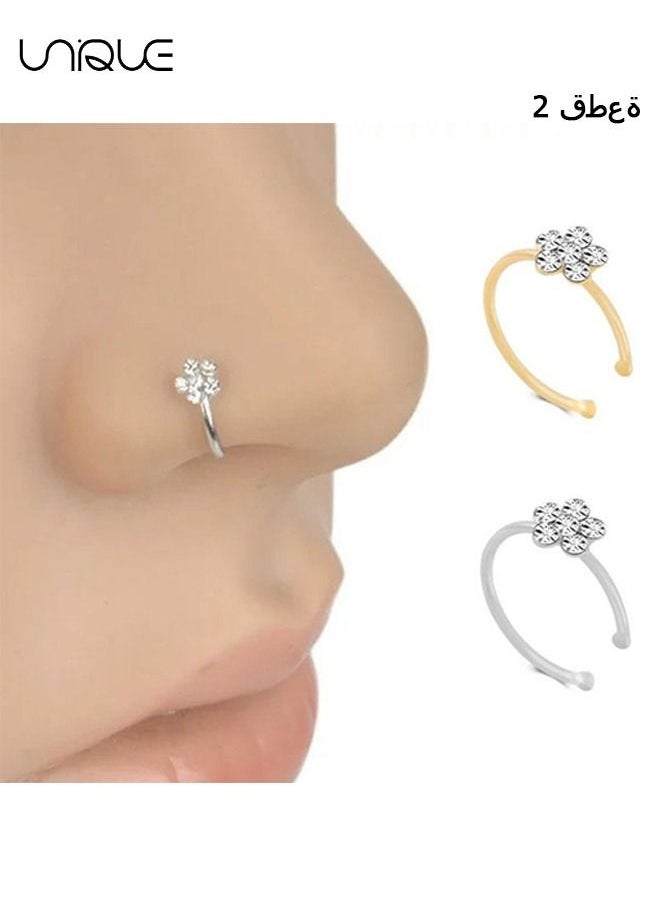 Unique 2Pcs Fashion Explosion Nose Ring Nose Nail Transparent Crystal Flower Charm, Nose Silver Hoop, Earring Jewelry(Gold + Silver)  - Image 1