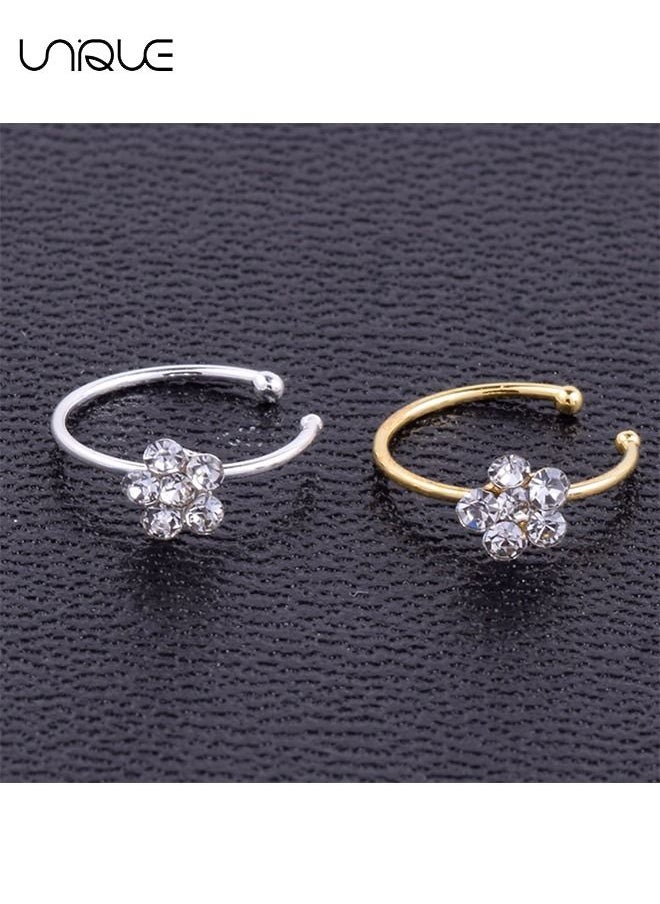Unique 2Pcs Fashion Explosion Nose Ring Nose Nail Transparent Crystal Flower Charm, Nose Silver Hoop, Earring Jewelry(Gold + Silver)  - Image 5