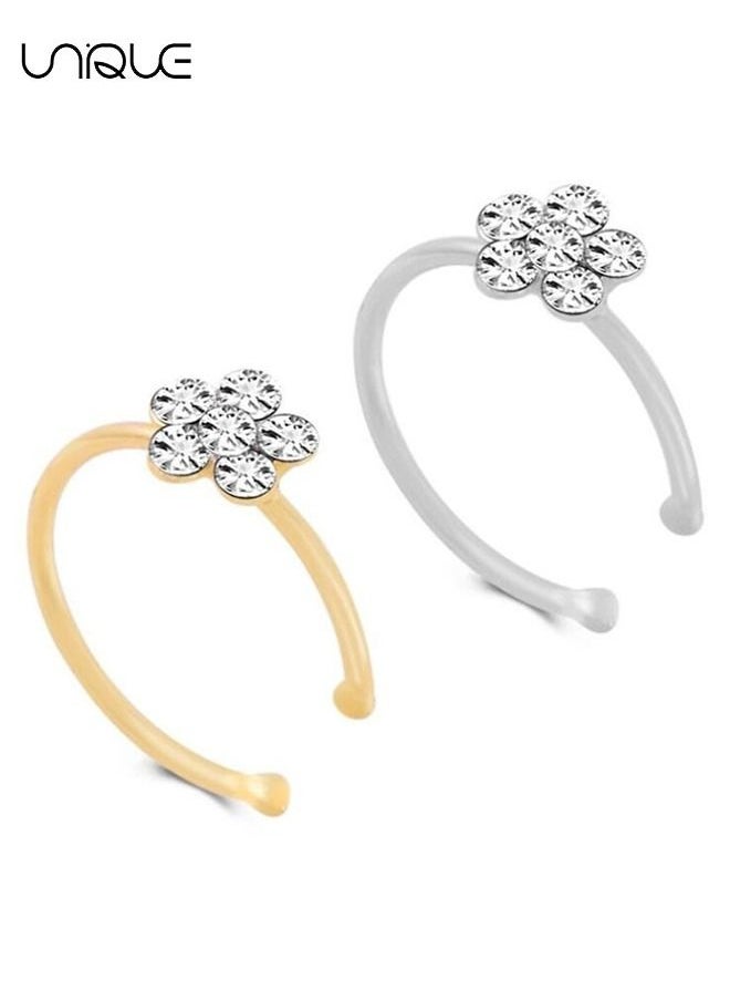 Unique 2Pcs Fashion Explosion Nose Ring Nose Nail Transparent Crystal Flower Charm, Nose Silver Hoop, Earring Jewelry(Gold + Silver)  - Image 2