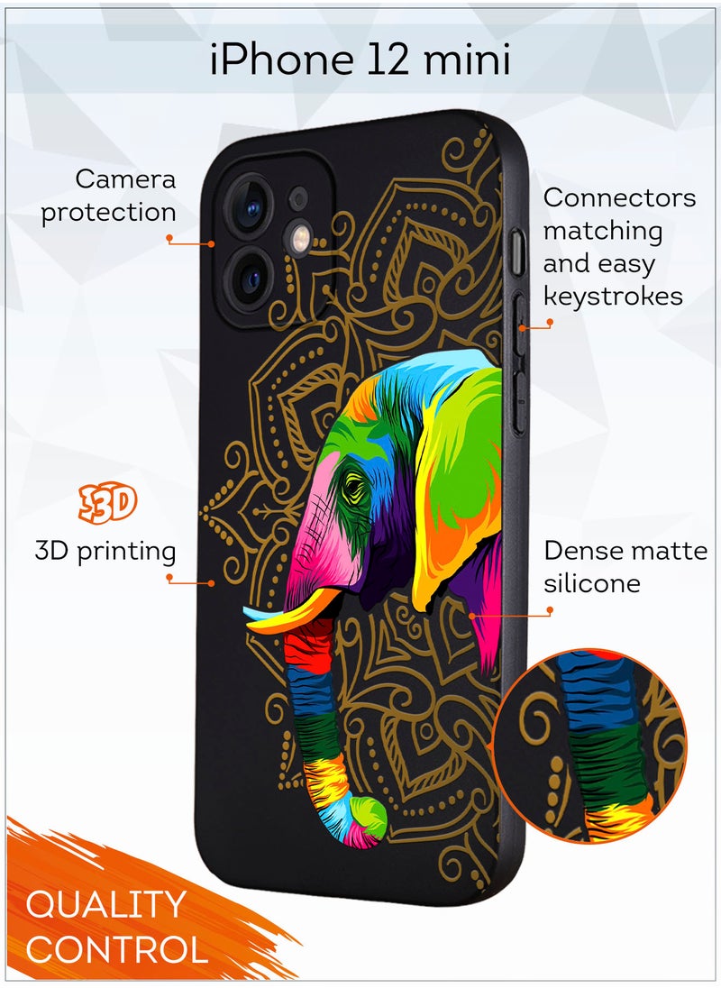 MOBILIUS - for iPhone 12 Mini Case, Shockproof Protective Phone Case Cover for iPhone 12 Mini, with Jaipur's elephant black Pattern - Image 1