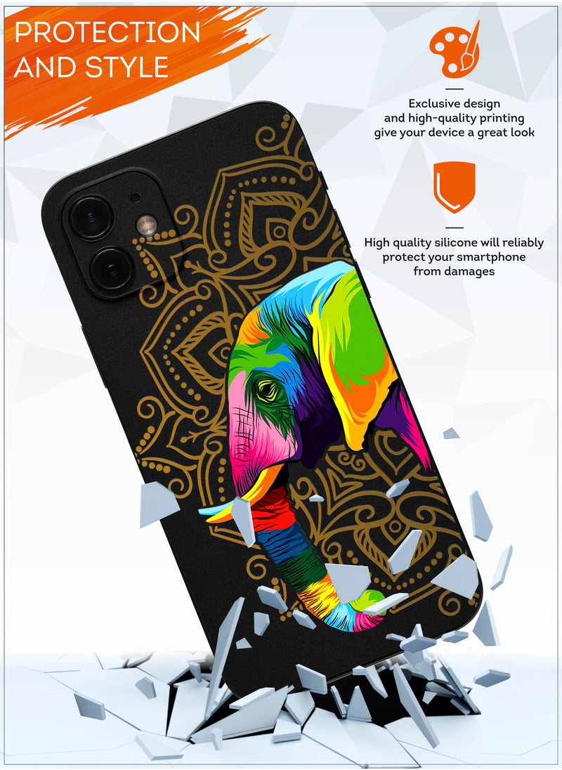 MOBILIUS - for iPhone 12 Mini Case, Shockproof Protective Phone Case Cover for iPhone 12 Mini, with Jaipur's elephant black Pattern - Image 1