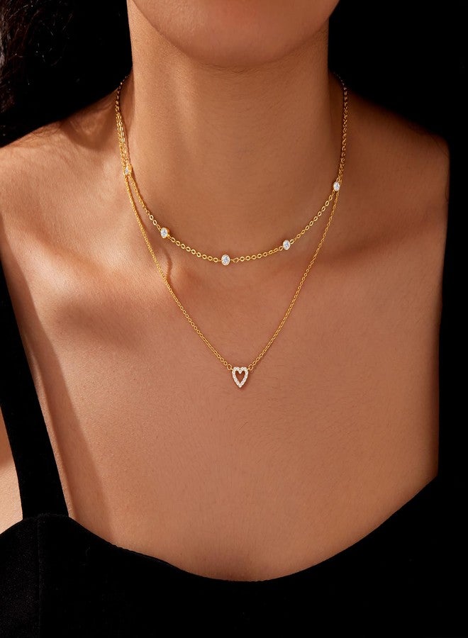 Poxtex Gold Heart Necklace for Women, 14K Gold Plated Layered Jewelry for Women Trendy, Cute Tiny Diamond Heart Choker Necklace for Mother's Gift - Image 2