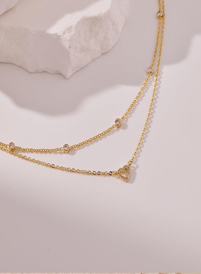 Poxtex Gold Heart Necklace for Women, 14K Gold Plated Layered Jewelry for Women Trendy, Cute Tiny Diamond Heart Choker Necklace for Mother's Gift - Image 4