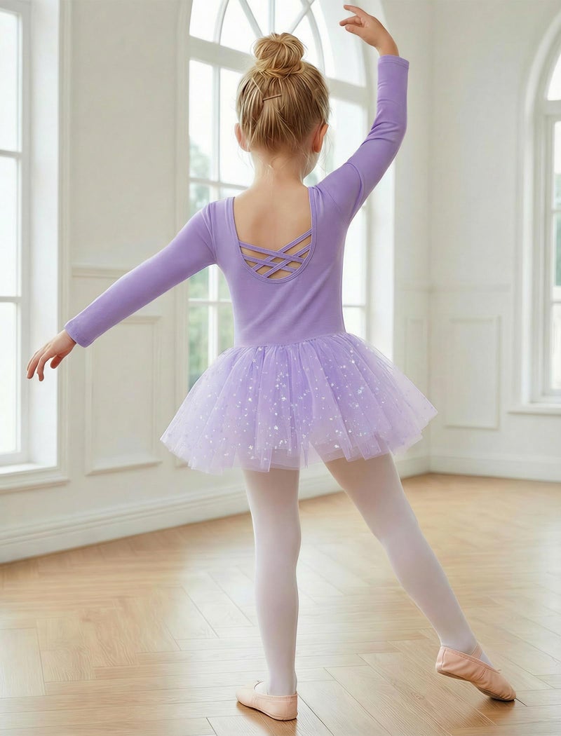 Gogokids Long Sleeve Ballet Leotards for Girls Crisscross Back Dance Outfit with Shiny Skirt Leotard 7-8 Years Purple - Image 4