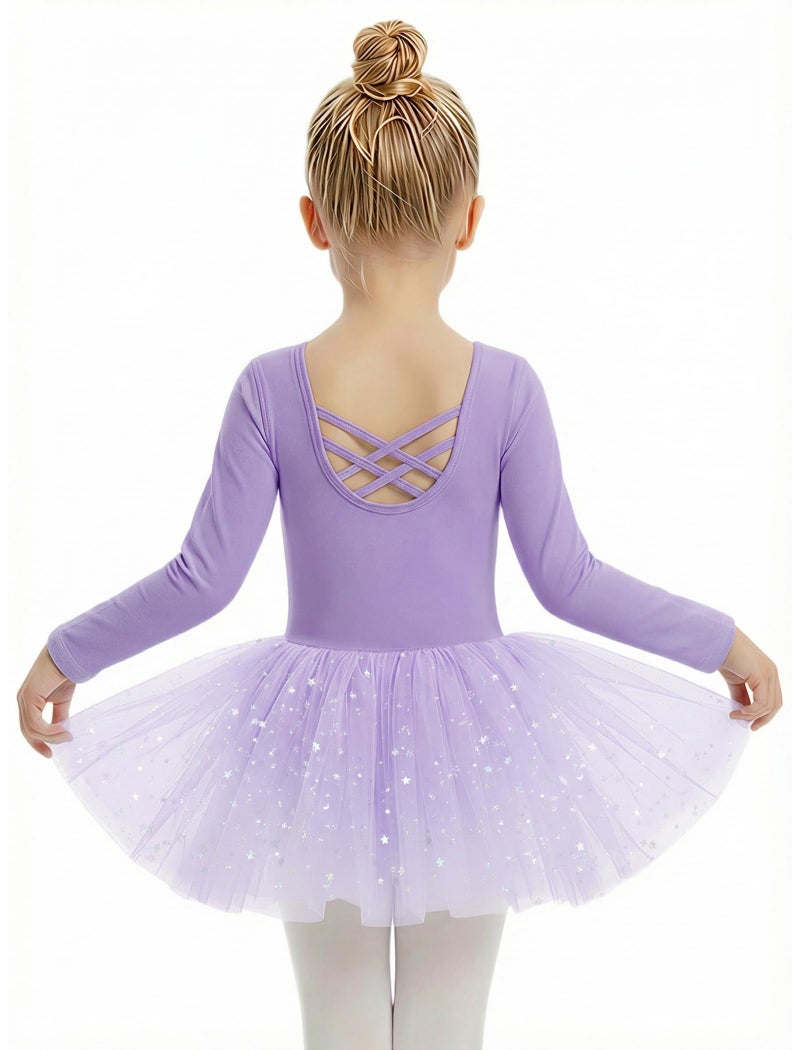 Gogokids Long Sleeve Ballet Leotards for Girls Crisscross Back Dance Outfit with Shiny Skirt Leotard 7-8 Years Purple - Image 1