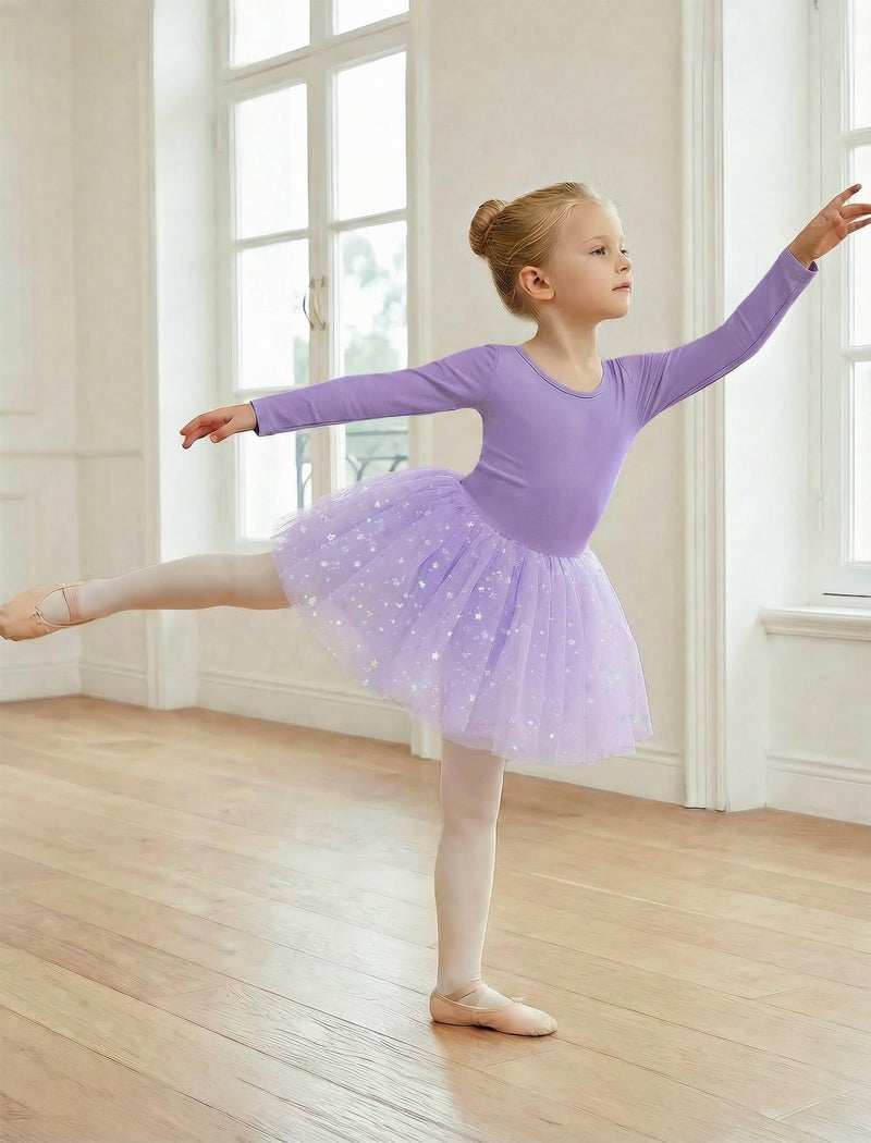 Gogokids Long Sleeve Ballet Leotards for Girls Crisscross Back Dance Outfit with Shiny Skirt Leotard 7-8 Years Purple - Image 3