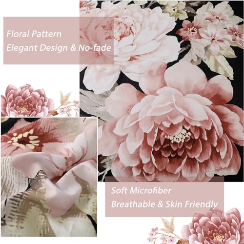 Dintszyayue Black Comforter Set King Size 7 Pieces Pink Floral Bed in a Bag, Complete Bedding Sets Elegant Flower Bed Set Comforter for All Season with Flat Sheet, Fitted Sheets, Pillowcases & Shams - Image 4