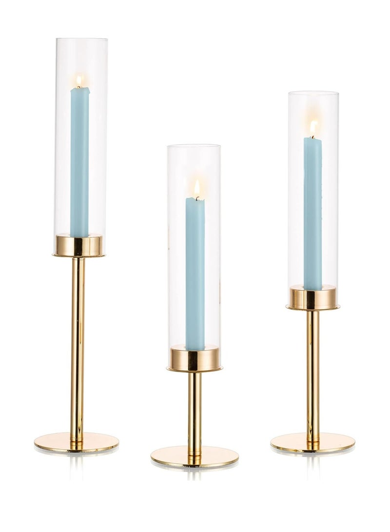 KASTWAVE Gold Candle Holders for Candlesticks - Taper Candle Holders with Removable Glass, Tall Brass Candlestick Holders, Candle Stand Candle Sticks Long Holder for Table Centerpiece, Home, 3Pcs - Image 1