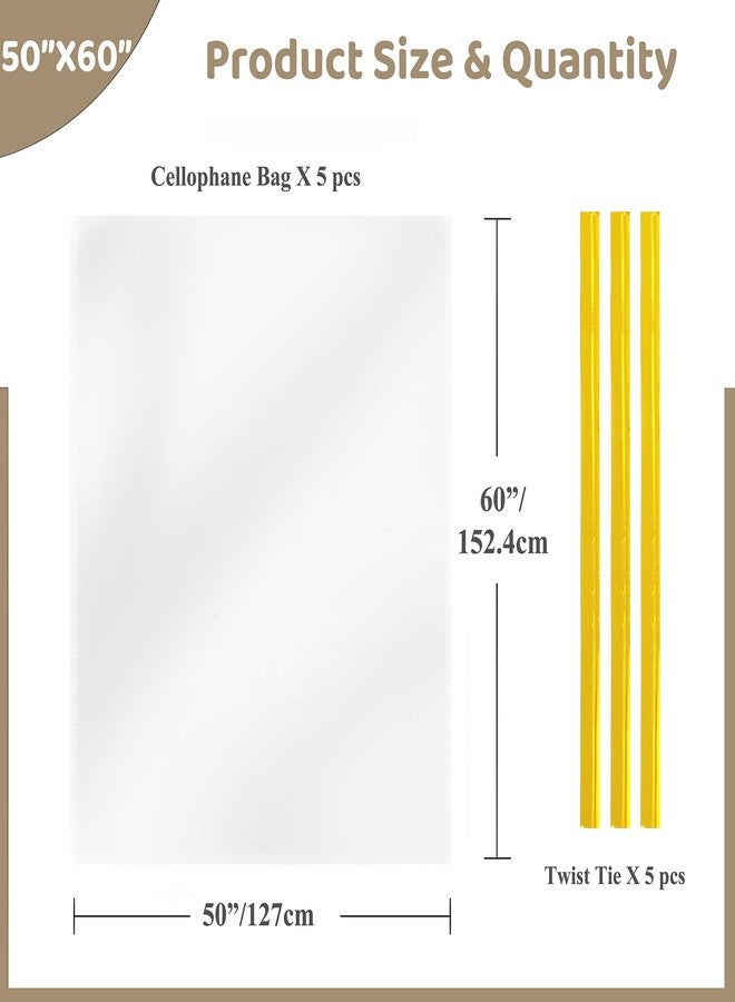 WIKDAY Extra Large Cellophane Wrap for Gift Baskets 5 PCS 50x60 Inches Jumbo Big Clear Cello Gift Bags with Ties Plastic Packaging Products - Image 3