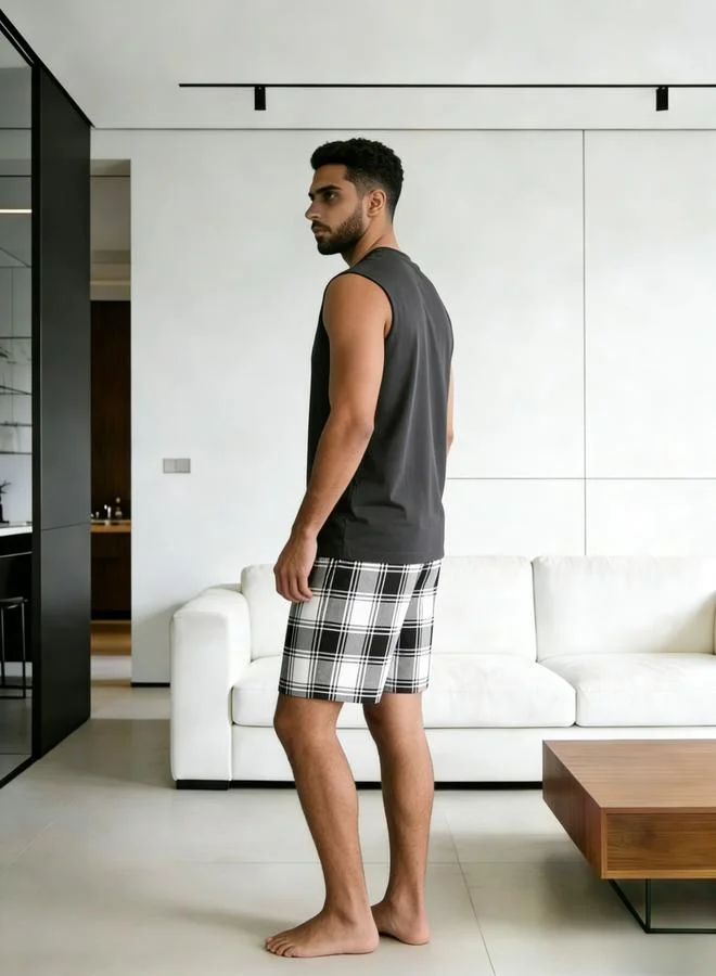 Take Two Grey Men Grey Sleeveless Tank and Checkered Shorts Pyjama Set for Men | Best Price UAE