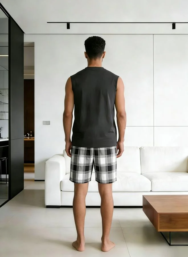 Take Two Men Grey Sleeveless Tank and Checkered Shorts Pyjama Set