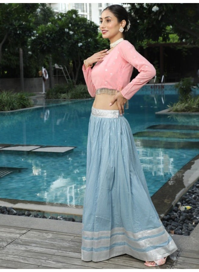 AKS Powder Blue & Pink Dobby Design Lehenga Choli With Dupatta Set - Image 3