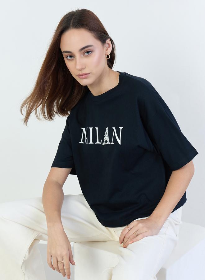 Styli Black Oversized Slogan Print T-Shirt - Image 1