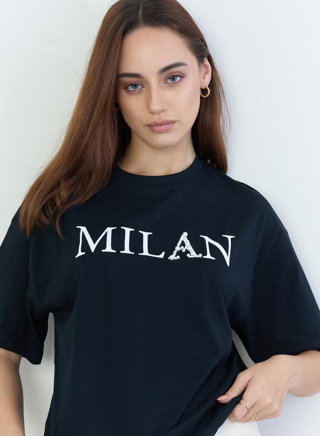 Styli Black Oversized Slogan Print T-Shirt - Image 4