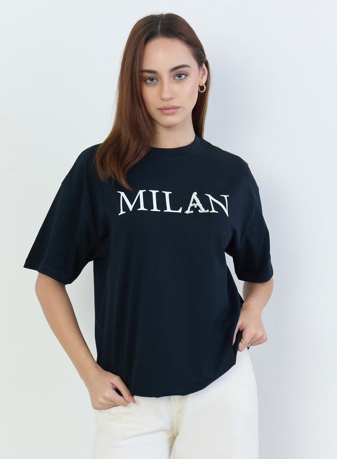 Styli Black Oversized Slogan Print T-Shirt - Image 3