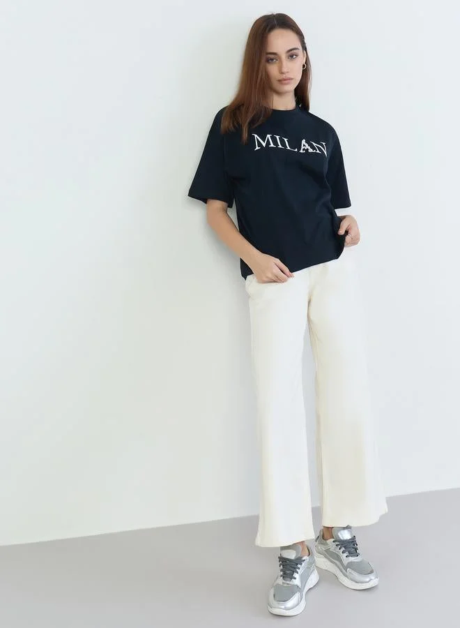 Styli Black Oversized Slogan Print T-Shirt