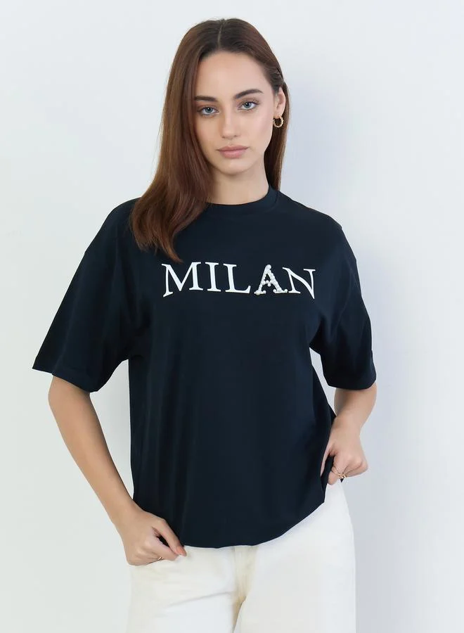 Styli Black Oversized Slogan Print T-Shirt