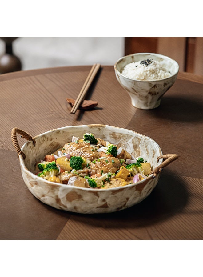 Handmade Rustic Ceramic Serving Bowl with Rattan Handles, 10-inch, Oven and Dishwasher Safe - Image 5