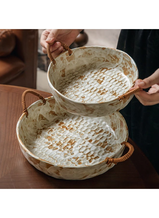 Handmade Rustic Ceramic Serving Bowl with Rattan Handles, 10-inch, Oven and Dishwasher Safe - Image 4