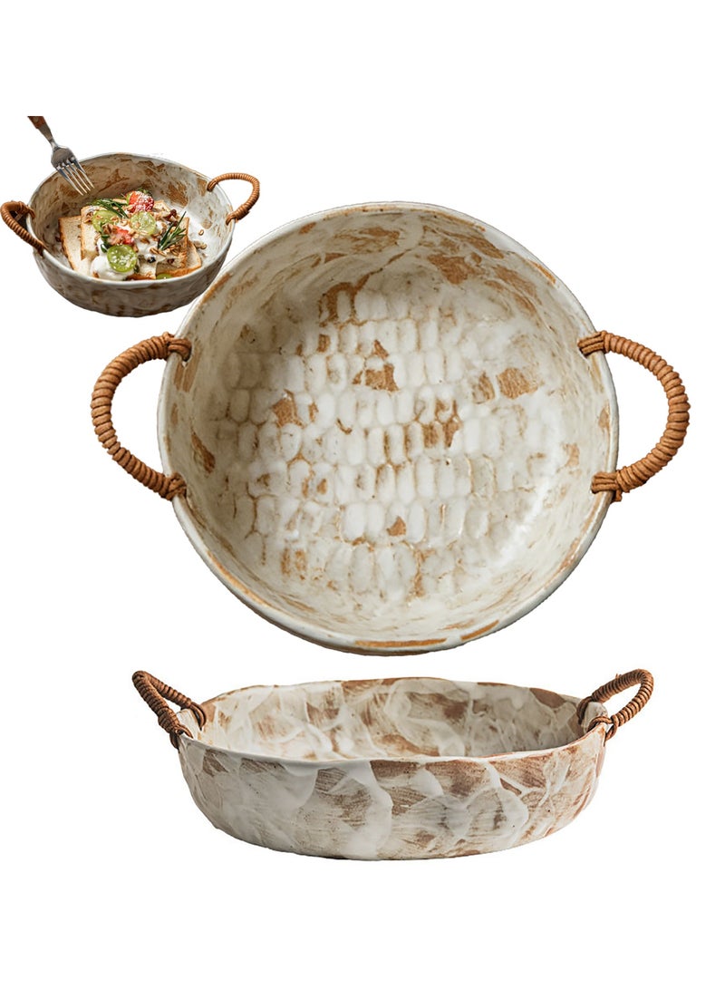 Handmade Rustic Ceramic Serving Bowl with Rattan Handles, 10-inch, Oven and Dishwasher Safe - Image 1