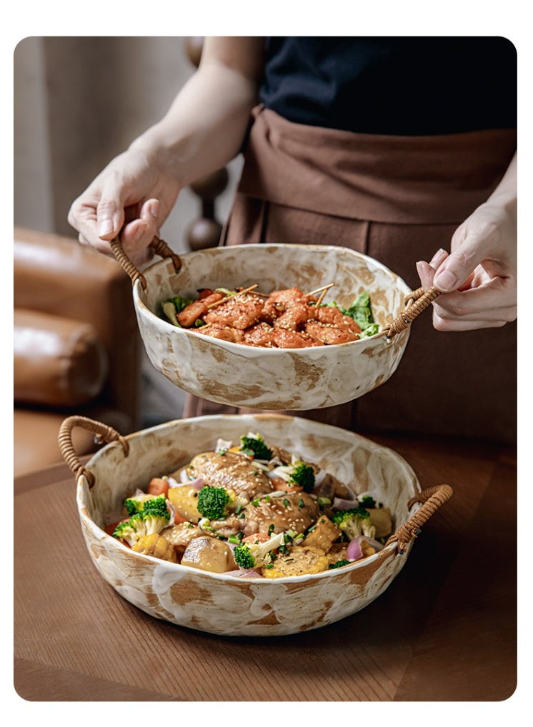 Handmade Rustic Ceramic Serving Bowl with Rattan Handles, 10-inch, Oven and Dishwasher Safe - Image 2