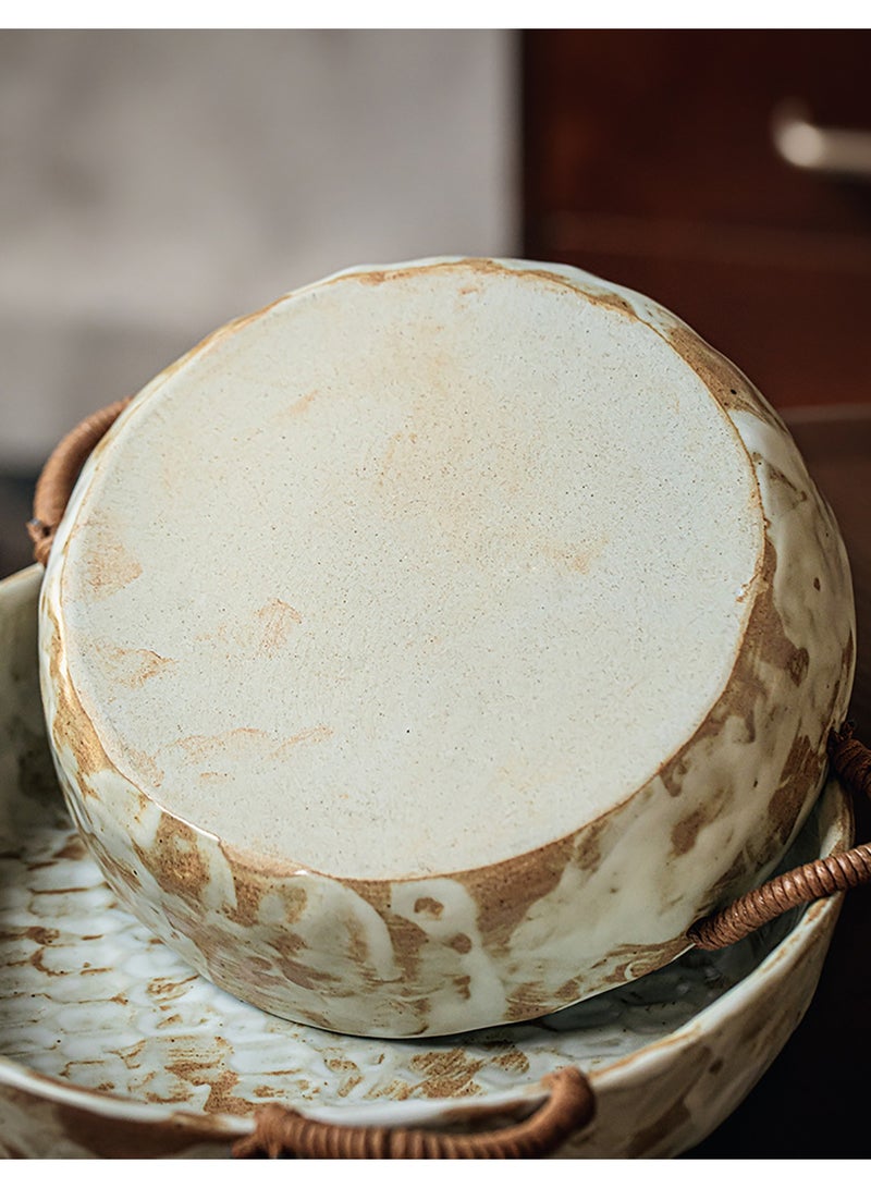 Handmade Rustic Ceramic Serving Bowl with Rattan Handles, 10-inch, Oven and Dishwasher Safe - Image 3