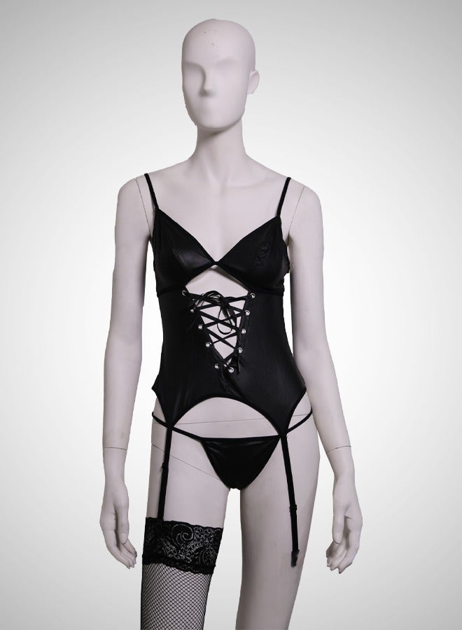 ovitio Black Leather Lingerie Set - Three Pieces - Image 1