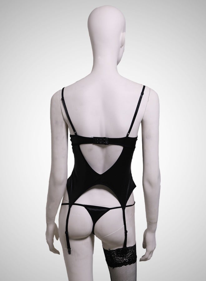 ovitio Black Leather Lingerie Set - Three Pieces - Image 2