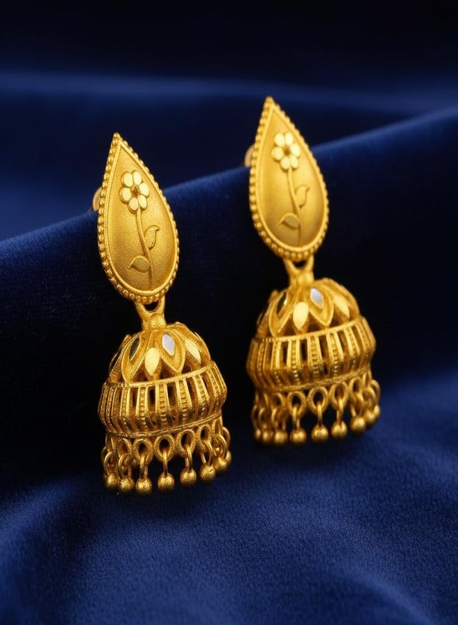 DEW MAT Ethnic Temple Jewellery Style Indian Drop Earrings | Long Tassel Earrings with Screw Back | Lightweight Festive Earrings | Floral & Dome Design | Gold-Plated Jhumka for Women & Girls in Multiple Designs - Image 3