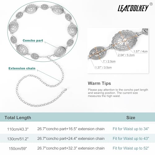 LEACOOLKEY Women Silver Western Concho Chain Belt Boho Metal Western Cowgirl Chain Belt for Dress Adjustable - Image 3