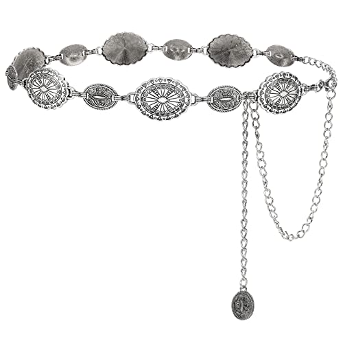 LEACOOLKEY Women Silver Western Concho Chain Belt Boho Metal Western Cowgirl Chain Belt for Dress Adjustable - Image 1
