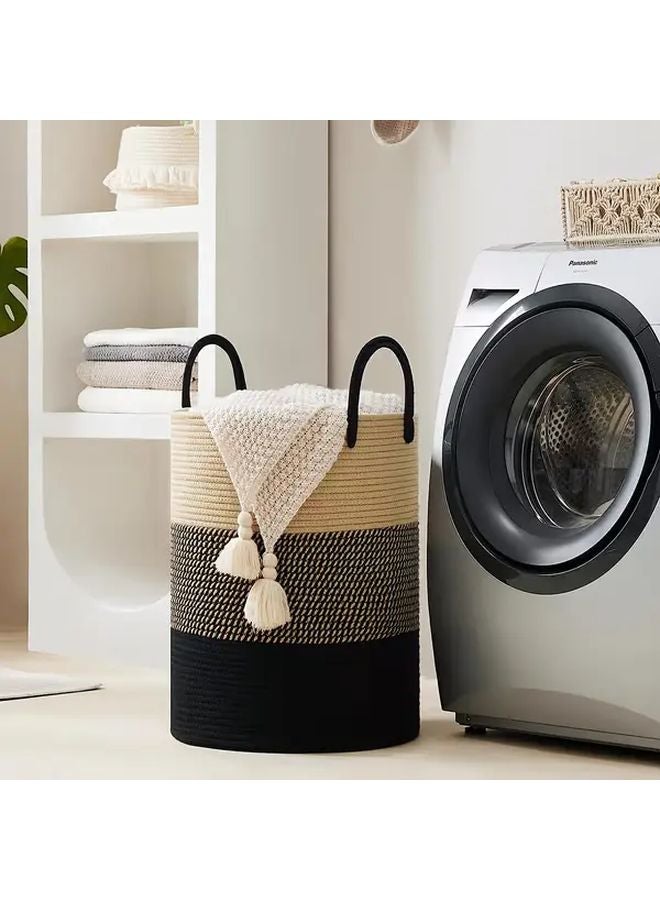 Large Bohemian Style Laundry Basket Black Brown Polyester Storage Organizer - Image 2