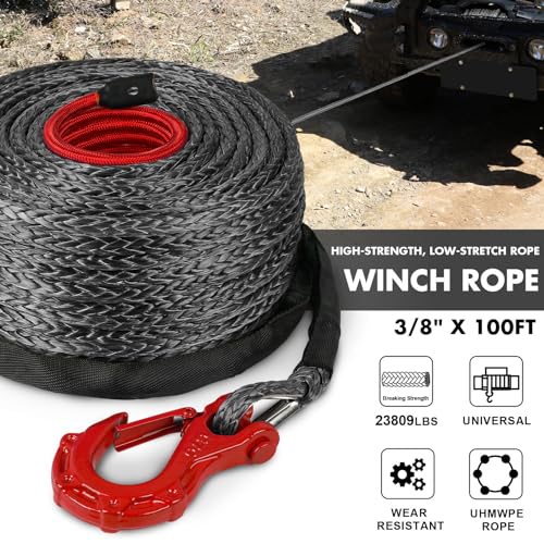 STEGODON Synthetic Winch Rope, 3/8" x100ft 23809LBS Dyneema Winch Rope 3/8 Heavy Duty Winch Cable with Protective Sleeve Forged Winch Hook for 4WD Off Road Vehicle Truck SUV (Black) - Image 2