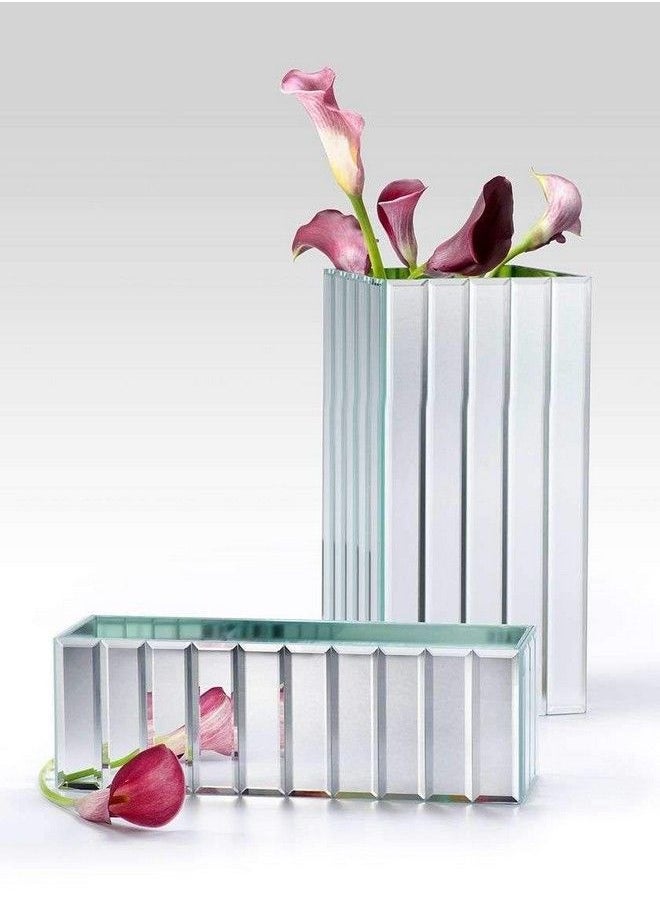 Serene Spaces Living - Low Gatsby Mirror Strip Vase Great Gatsby Inspired Luxe Glass Vase With Bevel Edged Mirror Strips Use For Home Décor Event Centerpieces And Much More 12” L X 4” W X 4” H - Image 1
