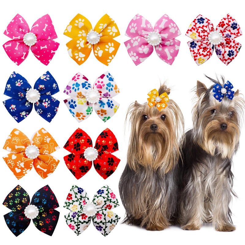 PET SHOW Bowknot Dog Hair Bows with French Barrette Clips Pet Puppies Yorkie Teddy Grooming Hair Accessories Pack of 10 (Paw Bone Printed) - Image 1