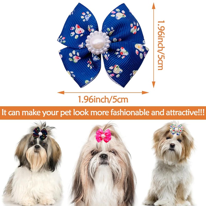 PET SHOW Bowknot Dog Hair Bows with French Barrette Clips Pet Puppies Yorkie Teddy Grooming Hair Accessories Pack of 10 (Paw Bone Printed) - Image 2