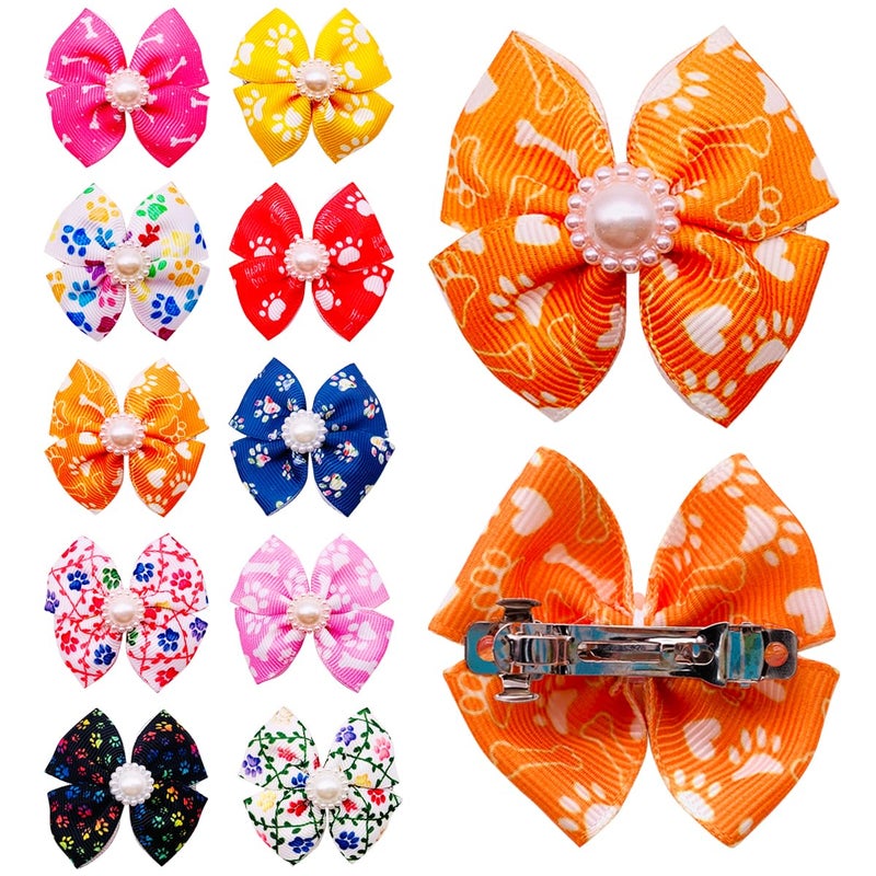 PET SHOW Bowknot Dog Hair Bows with French Barrette Clips Pet Puppies Yorkie Teddy Grooming Hair Accessories Pack of 10 (Paw Bone Printed) - Image 5