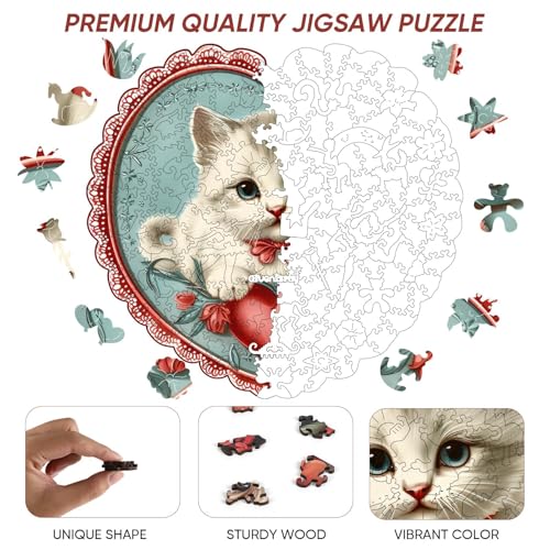 Qiuenisray Mothers Day Wooden Puzzle Sweet Heart Cat Love Jigsaw Puzzle 200 Piece Beautiful Puzzle Decor FSC Certified Unique Animal Shape Puzzle Pieces Gift for Woman and Girl 111x112 in - Image 5
