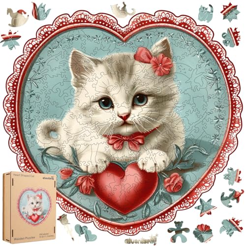 Qiuenisray Mothers Day Wooden Puzzle Sweet Heart Cat Love Jigsaw Puzzle 200 Piece Beautiful Puzzle Decor FSC Certified Unique Animal Shape Puzzle Pieces Gift for Woman and Girl 111x112 in - Image 1
